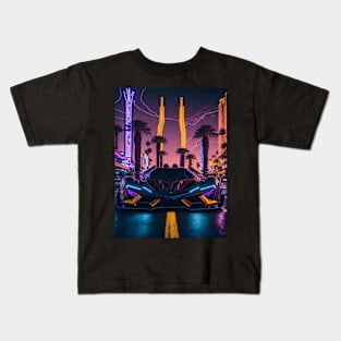 Dark Neon Sports Car in Beach Neon City Kids T-Shirt